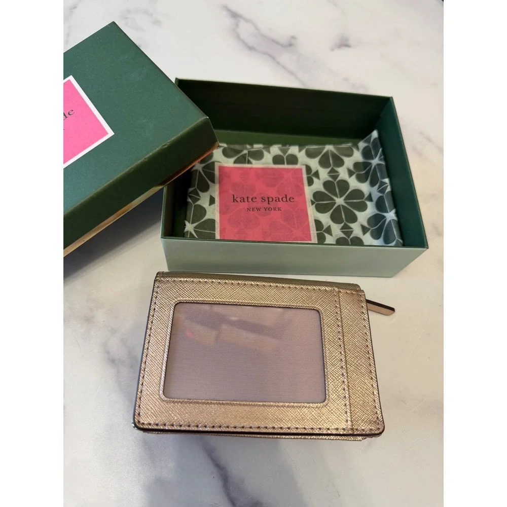 New Kate Spade Staci Metallic Rose Gold Leather Bi Fold Wallet Card Coin Purse